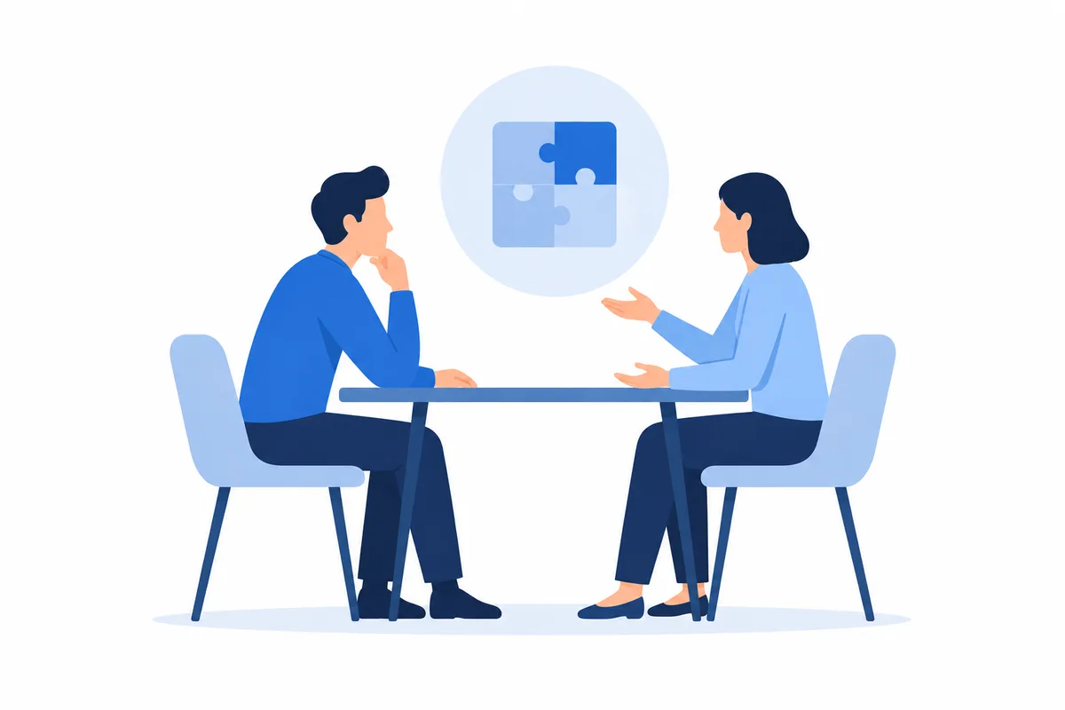 Two people discussing a problem from outside perspective